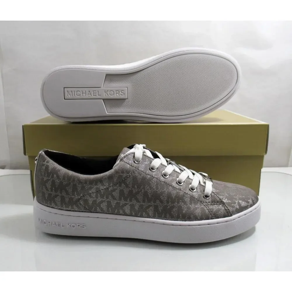 Michael Kors Keaton Lace Up Designer Sneakers MK Logo Silver Size 7.5